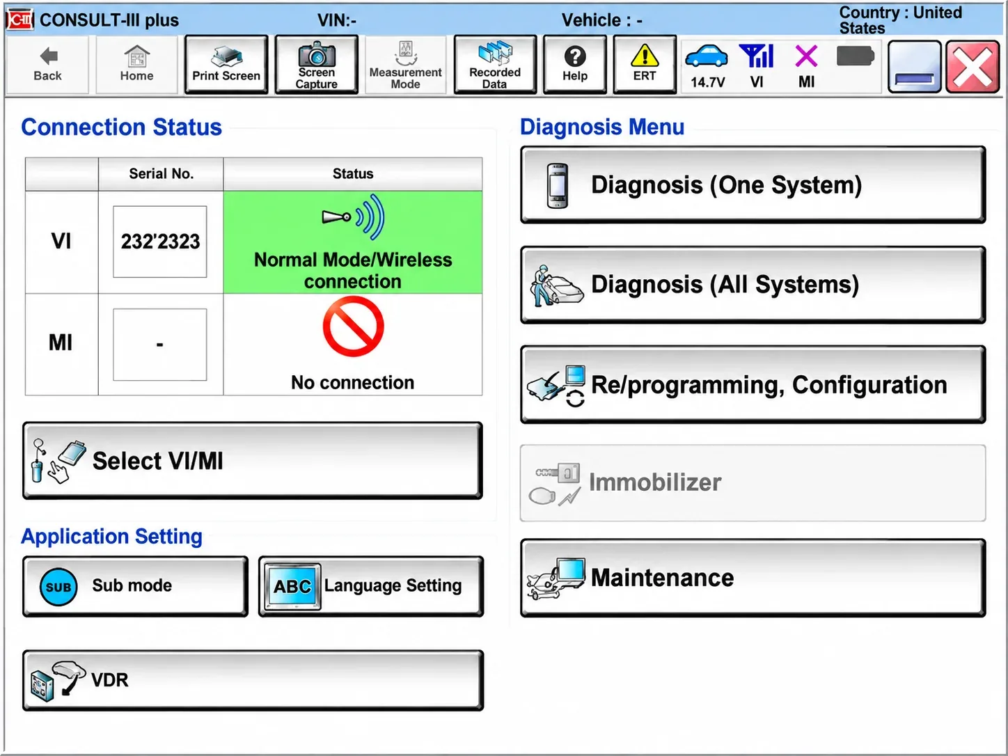 Consult III plus software home screen showing the connection status and diagnosis menu