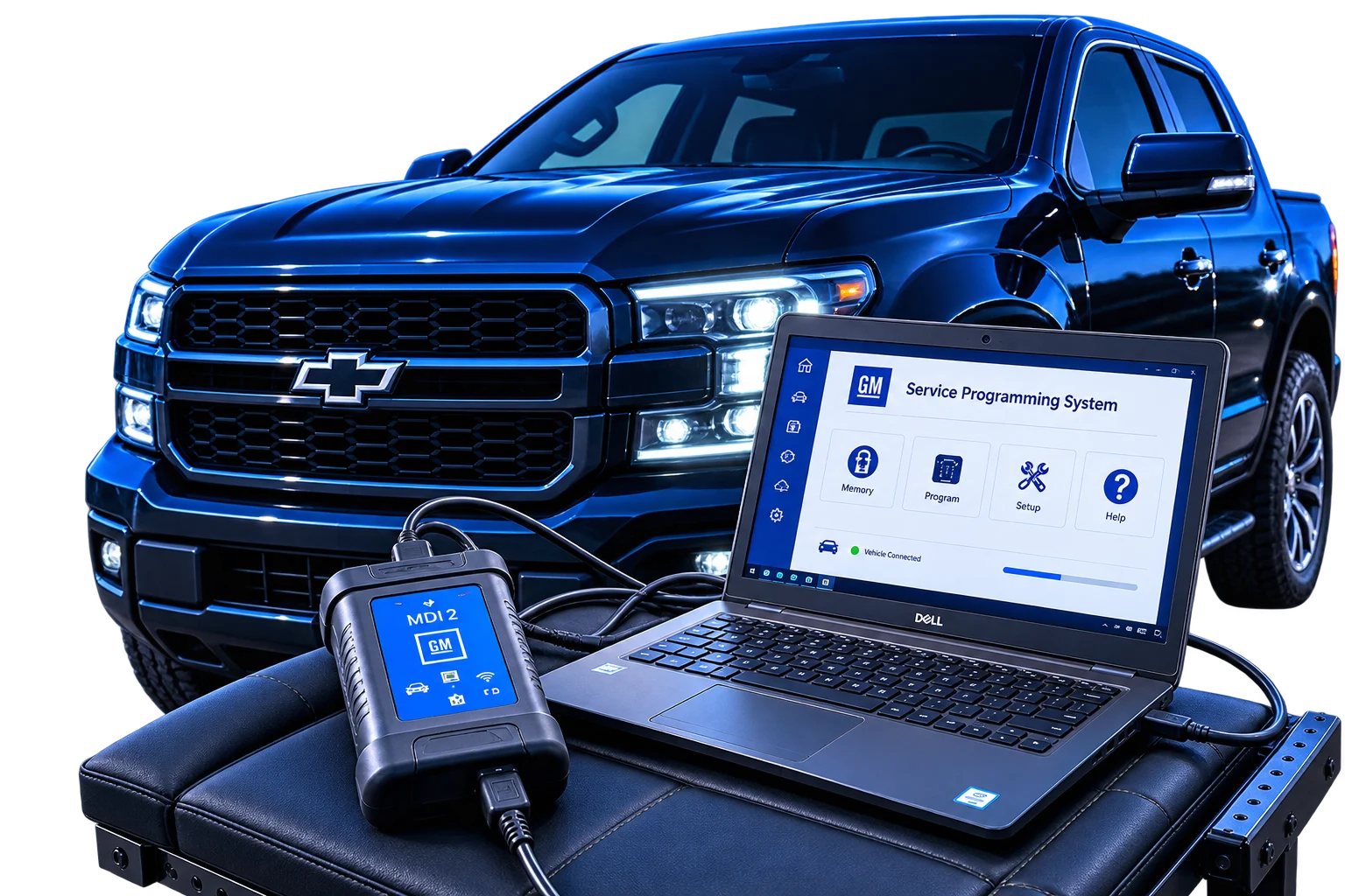 Laptop running GM Service Programming System and an MDI 2 interface connected to a pickup truck during a remote programming session