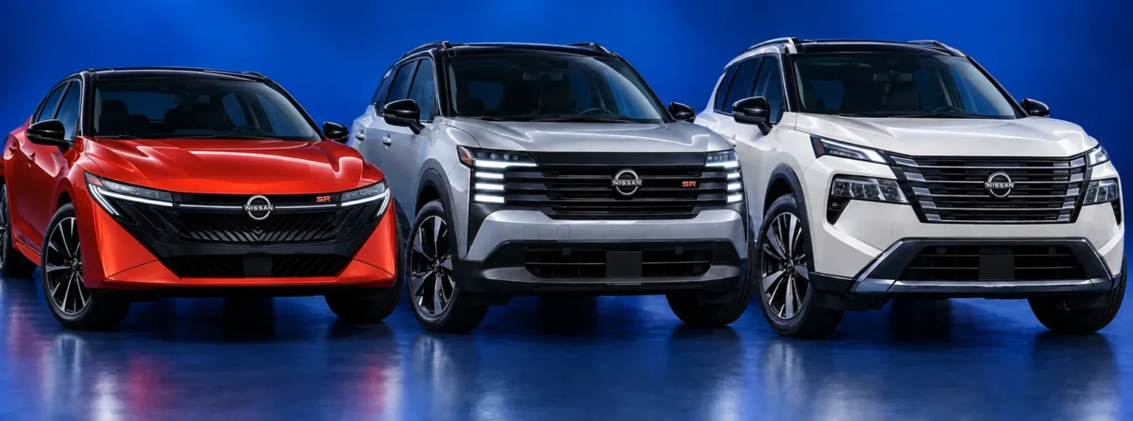 Three current Nissan models photographed together on a blue background