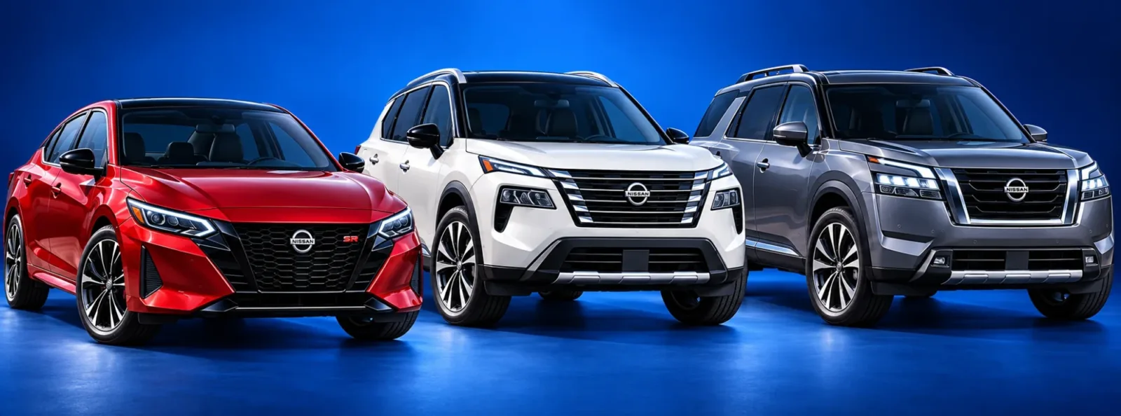 Nissan Sentra, Rogue and Pathfinder photographed together on a blue background